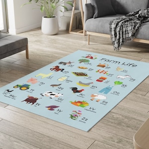 Farm Alphabet Kids Room Throw Rug, Farm Life ABC Rug for Classroom, Farm Alphabet ABC Rug for Nursery, Farm Theme Kids Rug, Kindergarten Rug