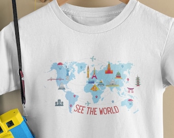 Camiseta See The World, Camiseta Geografia Infantil, Camiseta Mapa-múndi Infantil, Camiseta Passaporte Infantil, Camiseta Explore the World Infantil, Camiseta Mapa Infantil