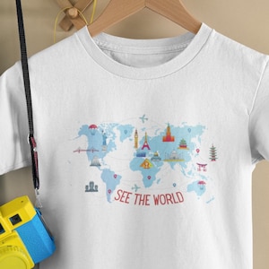 Zie De Wereld Shirt, Kid's Geography Shirt, Kid's World Map Shirt, Paspoort Shirt voor Kinderen, Kid's Explore the World Shirt, Kid's Map Shirt
