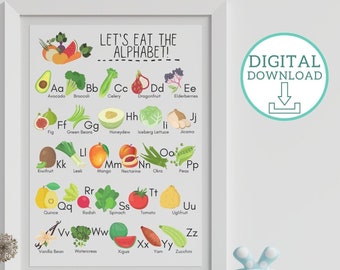 Fruit Alphabet Printable, Kids Vegetable Alphabet Digital Download, Fruit and Veggie ABC Printable, PRINTABLE Wall Art, Educational Poster