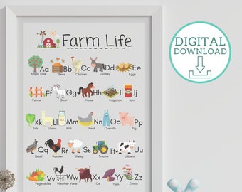 Bauernhof Alphabet Druckbar, Kinder Bauernhof Alphabet Digitaler Download, Bauernhof Leben ABC Druckbar, DRUCKBARE Wandkunst, Pädagogisches Poster