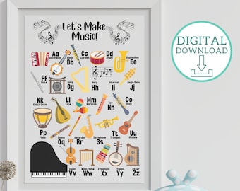 Music Alphabet Print, Music Printable ABC Poster, Music Classroom Alphabet, Music ABC Digital Download, Last Minute Music Teacher Gift