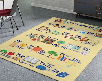 May include: A yellow alphabet rug with colorful illustrations and the words "Let's Read!"  Each letter of the alphabet is paired with a word and an image.  The rug is perfect for a child's playroom or bedroom.