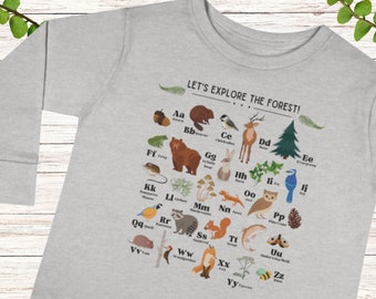 Woodland Animal Alphabet Shirt, Toddler Forest Animal ABC Shirt, Forest Friends Long Sleeve Shirt, Toddler Long Sleeve Alphabet Tee