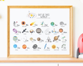 Out of This World Space Alphabet Printable Wall Art, Classroom Space Alphabet Print, Kid's Room Wall Art, Space Print, Space Nursery Decor