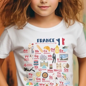 Camiseta con el alfabeto de la geografía de Francia, camiseta de viaje a Francia para niños, camiseta con el alfabeto de Francia, amo Francia, regalo para amantes de los viajes a Francia, camiseta juvenil