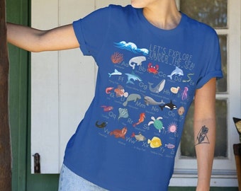 Ocean Animals Alphabet Shirt for Adults, Sea Creatures ABC Adult Ocean Themed Shirt, Teacher Marine Animal Themed Alphabet Tee