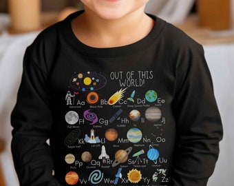 Space Alphabet Shirt for Little Kids Long Sleeve Outer Space Lover Toddler Tee Space Birthday Out of This World