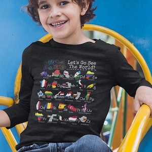Siehe das World Geographie Alphabet Kinder Shirt, Länder der Welt Kinder Langarm T-Shirt, Geographie Liebhaber Langarm Kinder Shirt