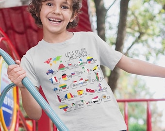 世界の国アルファベット子供用シャツ、世界のA-Zの国々子供用Tシャツ、世界の国々、子供用地理、旅行好きのギフト