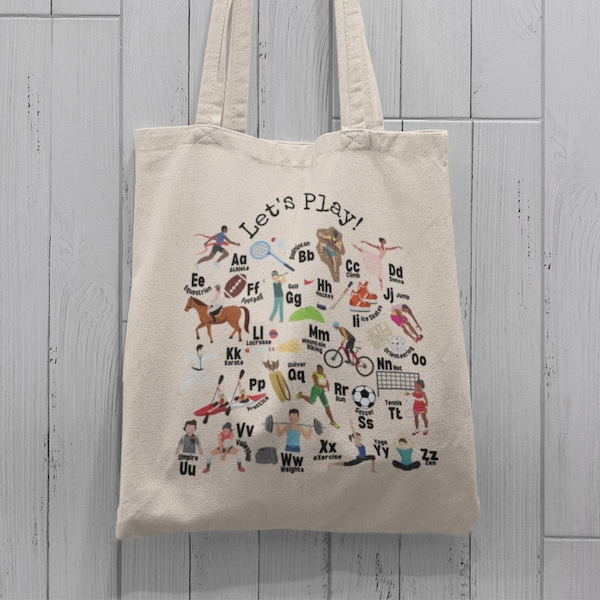 PE Teacher Canvas Tote Bag, Let's Play Sport Tote Bag, Sport Alphabet Tote Bag, P.E. ABC Teacher Tote Bag, PE Teacher Coach Back to School