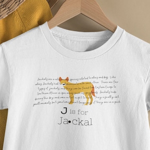 J is for Jackal A-Z Animal Alphabet Educational ABC Kids Shirt XS-XL Softstyle Tee