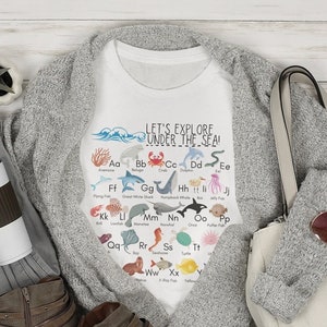 Under the Sea Ocean Animals Alphabet Shirt,  Sea Creatures ABC Adult Unisex shirt, Marine Biology Alphabet Shirt, Teacher Ocean Alphabet Tee