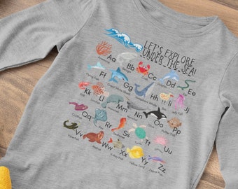 Peuter Oceaan ABC shirt met lange mouwen, onder de zee oceaan dieren alfabet shirt, zeedieren ABC peuter shirt met lange mouwen