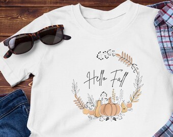 Hello Fall Shirt, Fall T-Shirt for Women, Fall Pumpkin Shirt, Harvest Time Shirt, Thanksgiving Shirt, Thankful Shirt, Autumn Pumpkins Shirt