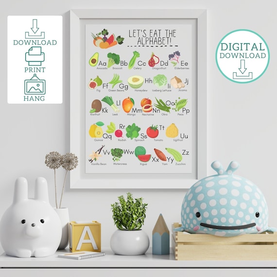 Fruit Alphabet Printable, Kids Vegetable Alphabet Digital Download, Fruit and Veggie ABC Printable, PRINTABLE Wall Art, Educational Poster