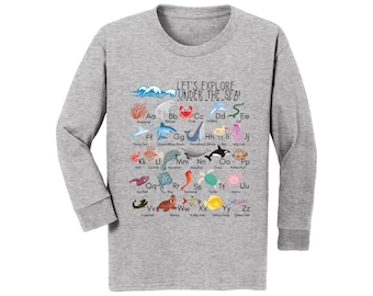 Long Sleeve Ocean Animal Shirt for Kids Marine Biology Alphabet T-shirt for Big Kids Long Sleeve Beach Alphabet Tee for Family Vacation