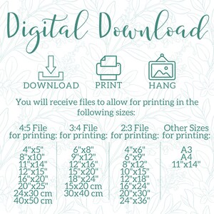 Pu&ograve; includere: Grafica di download digitale con icone per scaricare, stampare e appendere. Il testo recita "Download digitale" e "Riceverai file per consentire la stampa nei seguenti formati:" con un elenco di dimensioni in pollici e centimetri per i rapporti 4:5, 3:4, 2:3 e i formati di carta A3 e A4.