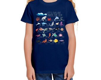 Ocean Animals Shirt for Kids Beach Themed Kids Alphabet Shirt with Marine Animals for Beach Trip Kids T-shirt for Aquarium Field Trip