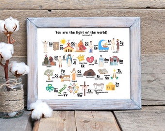 Bible Alphabet Printable Wall Decor, Christian Alphabet Digital Download, Bible ABC Printable, Kid’s Educational Wall Decor, Kid’s Jesus Art