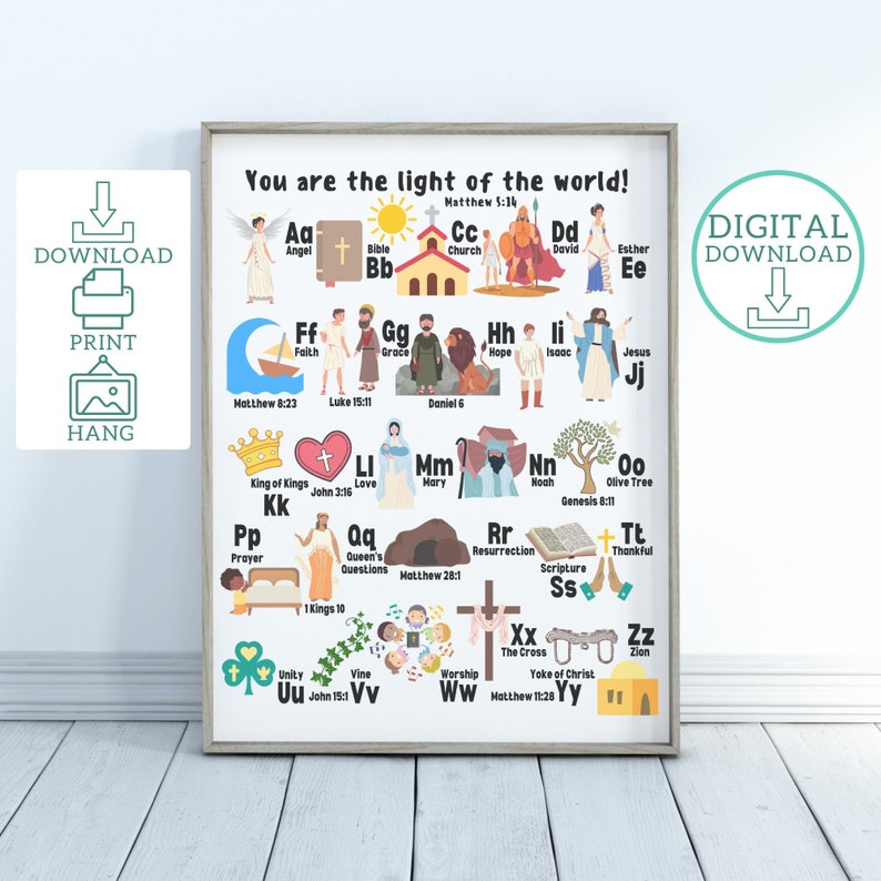 May include: A colorful alphabet chart with illustrations and bible verses for each letter. The chart features a bright yellow sun, a blue sky, and green grass. The text "You are the light of the world!" is at the top of the chart.  The chart is framed in a white frame.