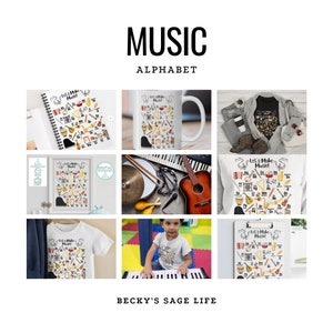 Op de afbeelding: Een kleurrijk alfabet-overzicht met muziekinstrumenten, met de tekst "Let's Make Music!" bovenaan. De kaart is verkrijgbaar in verschillende formaten, waaronder een mok, een t-shirt, een notitieboekje en een afdrukbare poster.