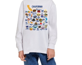 Youth Long Sleeve California Alphabet Shirt for California Family Vacation Back to School ABC Shirt for Kids