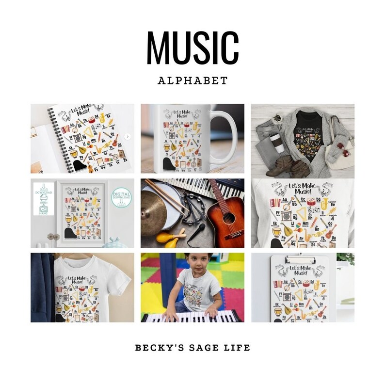 Pu&ograve; includere: Un grafico dell'alfabeto colorato con strumenti musicali, con il testo "Let's Make Music!" in alto. Il grafico &egrave; disponibile in vari formati, tra cui una tazza, una maglietta, un quaderno e un poster stampabile.