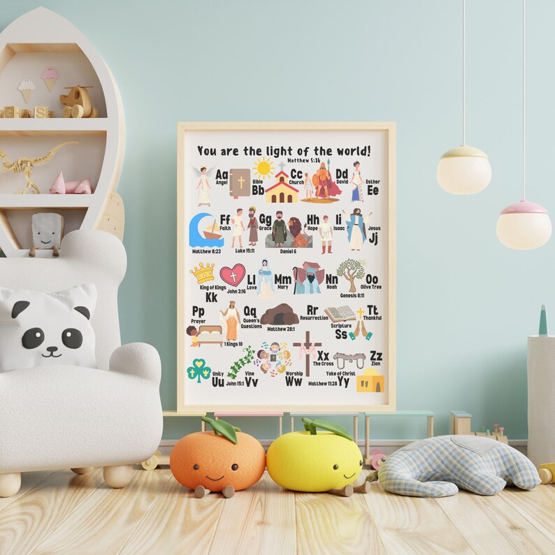 May include: A colorful alphabet chart with illustrations and scripture references. The chart features a variety of Christian themes, including the cross, the Bible, and prayer. The text at the top of the chart reads "You are the light of the world!"