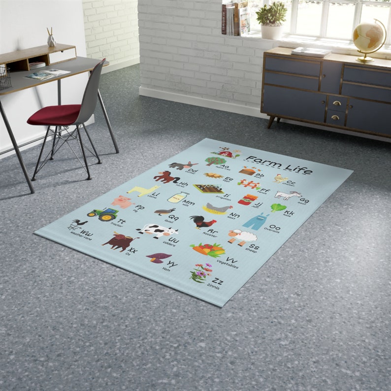Farm Alphabet Kids Room Throw Rug, Farm Life ABC Rug for Classroom, Farm Alphabet ABC Rug for Nursery, Farm Theme Kids Rug, Kindergarten Rug image 3