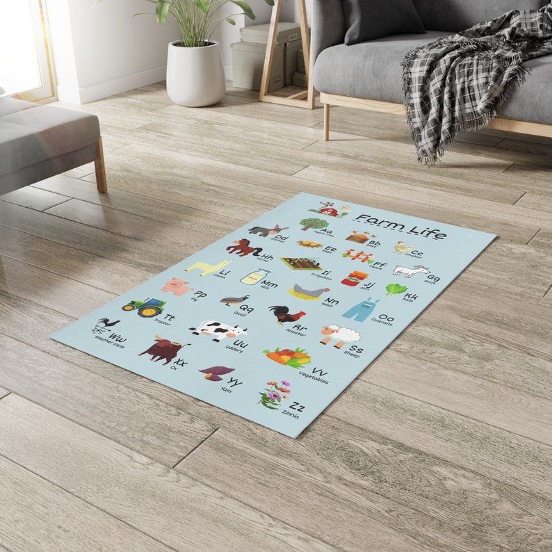 Farm Alphabet Kids Room Throw Rug, Farm Life ABC Rug for Classroom, Farm Alphabet ABC Rug for Nursery, Farm Theme Kids Rug, Kindergarten Rug image 4