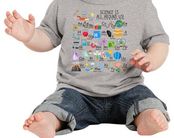 Camiseta del alfabeto de ciencia infantil, camisa infantil Science is All Around Us, camiseta Science ABC, camisa del alfabeto infantil, camisa STEM infantil