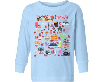 Canada Geography Alphabet Long Sleeve Shirt, Toddler Canada Geography ABC Long Sleeve Shirt, Toddler Canadian Alphabet Shirt, I Love Canada