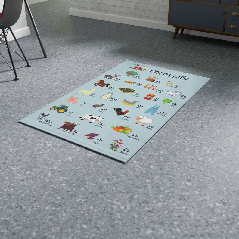 Farm Alphabet Kids Room Throw Rug, Farm Life ABC Rug for Classroom, Farm Alphabet ABC Rug for Nursery, Farm Theme Kids Rug, Kindergarten Rug image 6