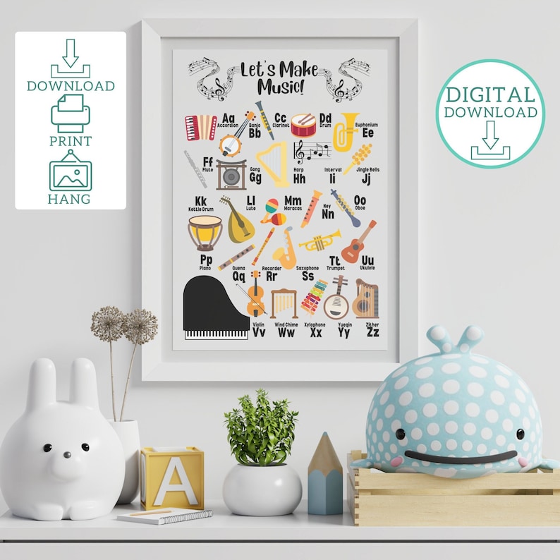 Pu&ograve; includere: Un grafico educativo colorato che presenta strumenti musicali e le loro lettere corrispondenti. Il grafico &egrave; intitolato "Let's Make Music!" e include illustrazioni di strumenti come un pianoforte, una chitarra, tamburi e una tromba.