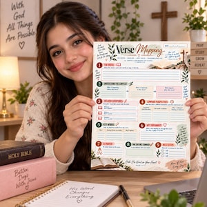 May include: A white paper verse mapping worksheet featuring nine numbered sections for Bible study. The layout includes headers for The Verse, Understand the Context, Related Scriptures, Compare Perspectives, Key Words, My Takeaways, A Prayer, One Sentence Summary, and Next Steps, decorated with floral illustrations and religious imagery.