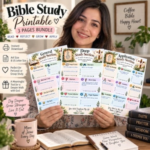 May include: A three-page Bible study printable bundle featuring sections titled General Study Section, Deep Study Section, and Application Study Section. The pages include floral borders, numbered prompts, and space for writing notes on A4 and US Letter size.