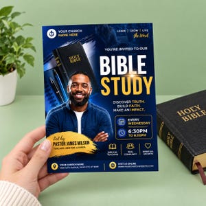 May include: A rectangular flyer for a Bible study event featuring a smiling man in a blue shirt, a black Bible, and text including "You're invited to our Bible study," "Every Wednesday," "6:30pm to 8:00pm," and "Led by Pastor James Wilson."