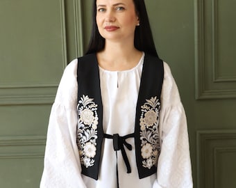 Embroidered vest made of Italian velvet Black vest with floral embroidery Ukraine embroidery waistcoat