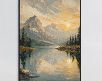 Quadro decorativo de montanha com espátula, impressão emoldurada com reflexo do sol no lago, decoração boho com pinheiros em meio à natureza, presente de Natal aconchegante e moderno para casa de campo.