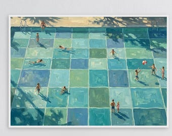 Arte de parede com vista aérea para o verão, estampa de azulejos em tons de azul e verde, pintura de pessoas nadando, decoração para piscina com moldura de madeira.