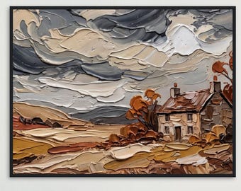 Pôster abstrato emoldurado com paisagem campestre, arte de parede 3D com efeito impasto, impressão horizontal texturizada de céu tempestuoso, obra de arte em tela para casa de campo.