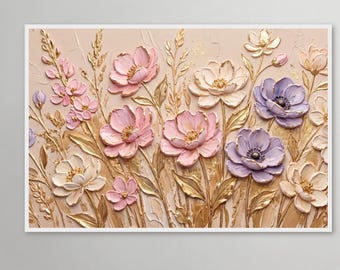 Pôster abstrato de flores silvestres emoldurado, arte de parede floral em 3D com efeito impasto, impressão horizontal em folha de ouro metálica, obra de arte botânica de luxo em tela.