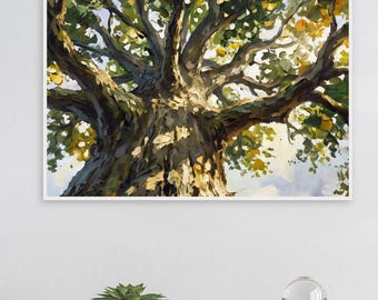 Pôster emoldurado de majestoso carvalho, arte de parede em 3D com paisagem florestal em estilo impasto, obra de arte em tela com tema da natureza para sala de estar.