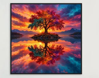 Pôster emoldurado com reflexo de árvore ao pôr do sol, arte de parede colorida com árvore de outono, impressão em tela com reflexo no lago, paisagem natural, decoração de casa com céu.