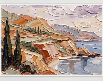Pôster abstrato mediterrâneo emoldurado, arte de parede com paisagem costeira em 3D com efeito impasto, impressão horizontal texturizada de colinas da Toscana.