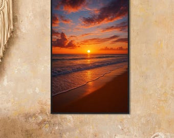 Quadro decorativo com paisagem marítima ao pôr do sol, fotografia vibrante de praia emoldurada, decoração moderna com horizonte costeiro, pôster vertical da natureza, presente perfeito para as festas de fim de ano.