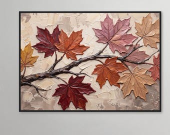 Pôster abstrato com moldura de folhas de outono, arte de parede com galhos de outono, impressão horizontal texturizada de folha de bordo, obra de arte em tela com tema da natureza para sala de estar.