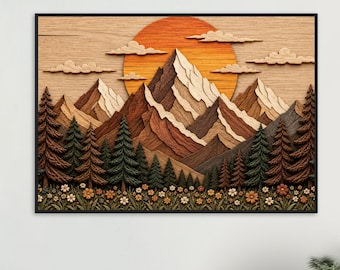 Quadro de parede em tela com estampa de montanha em madeira, arte abstrata de montanha para sala de estar, arte de parede extragrande.