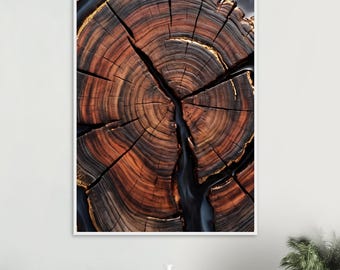 Pôster abstrato emoldurado com anel de madeira, arte de parede 3D em resina epóxi com tronco, impressão em placa de árvore texturizada quadrada, obra de arte de luxo em tela com madeira petrificada em formato de geodo.